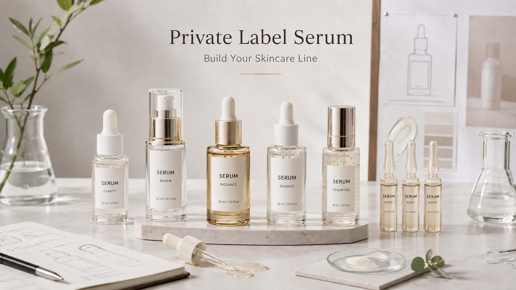 Private label serum bottles with minimalist designs displayed on a marble surface alongside ampoules, glass containers, and skincare design sketches.